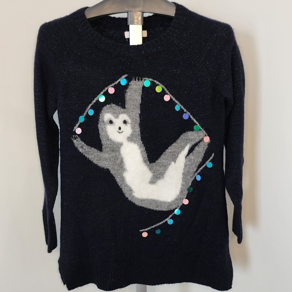 LC Lauren Conrad XS Sloth Christmas Lights Knit Sweater Sparkly Blue